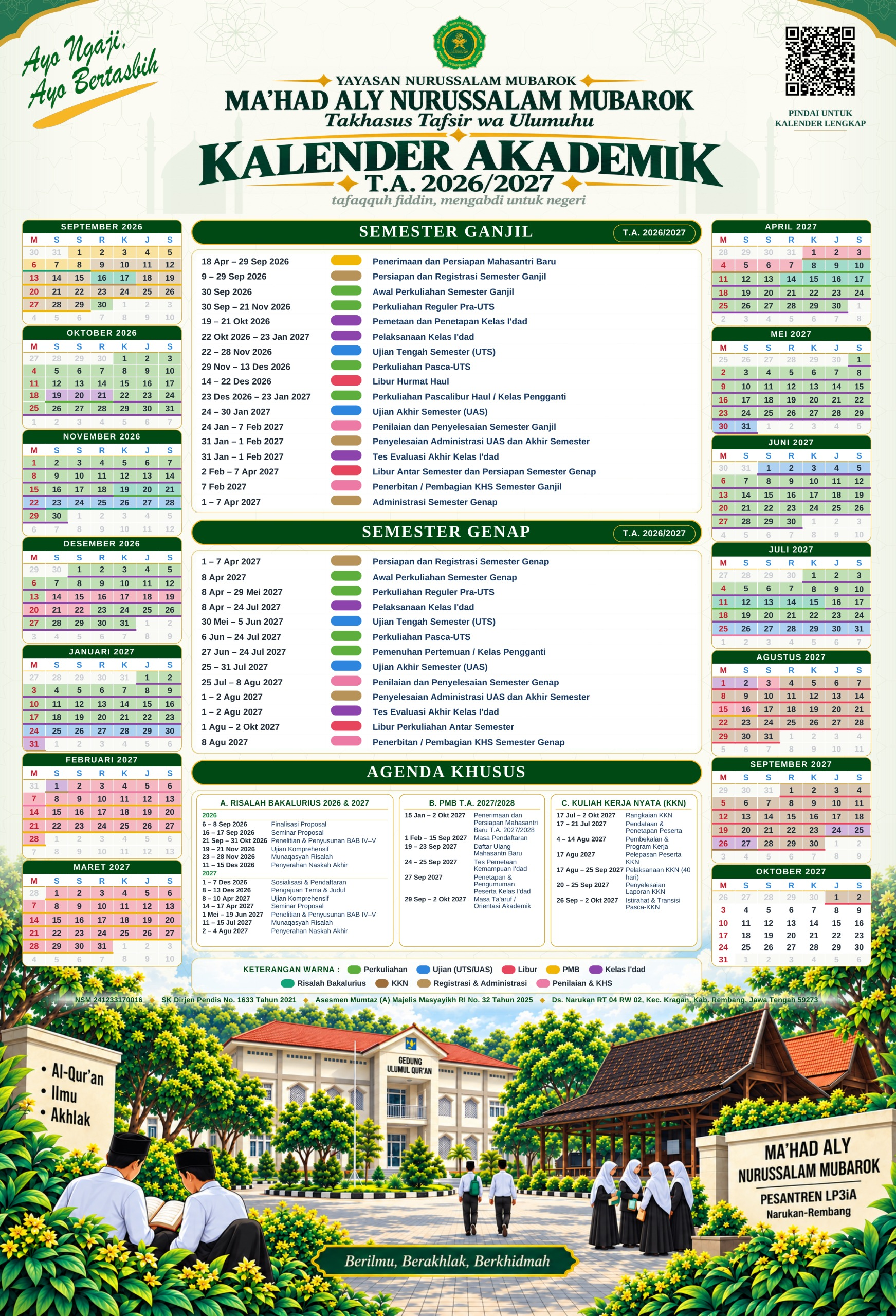 Kalender Akademik T.A. 2026/2027: semester ganjil, semester genap, risalah, PMB, dan KKN.
